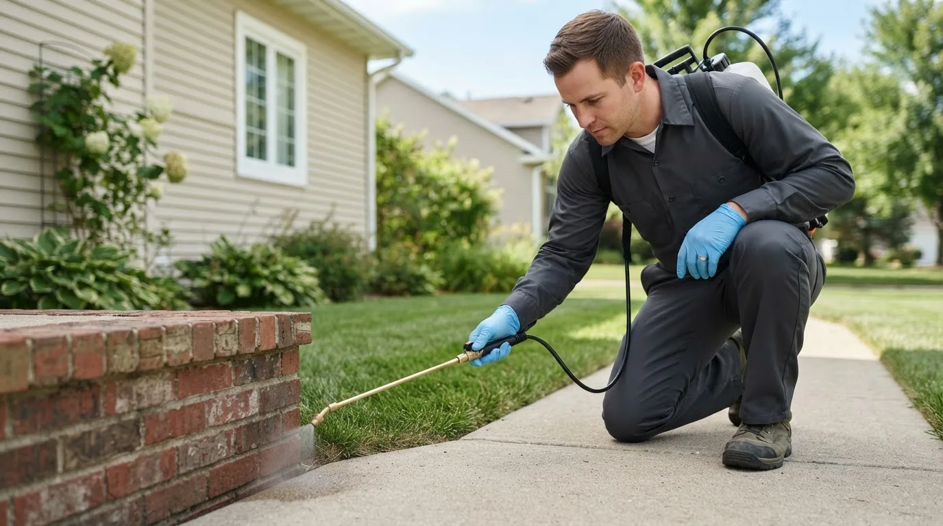 Pest control technician treating a home near Walnut, IA