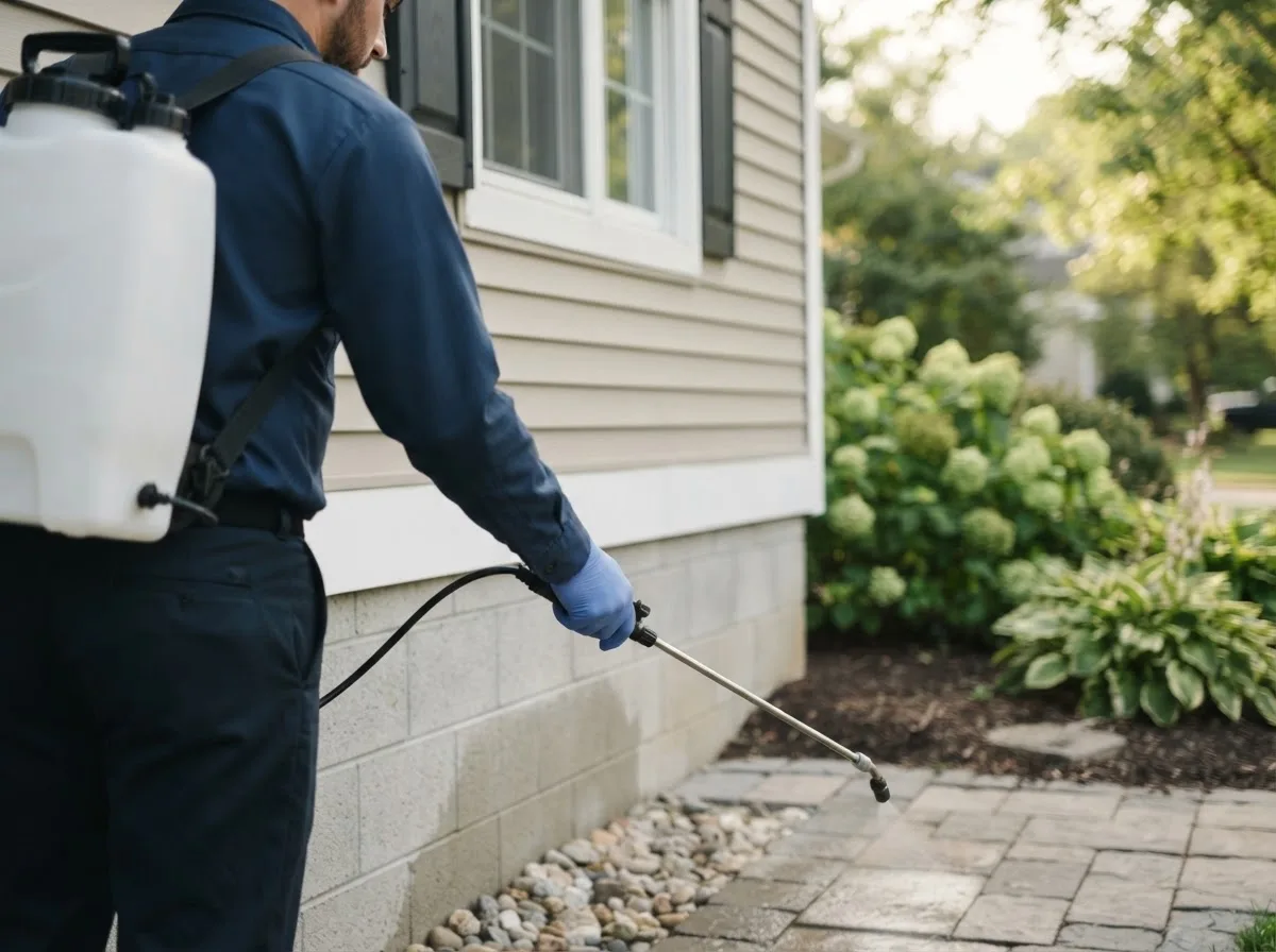 Pest control technician inspecting a home in Walnut, IA